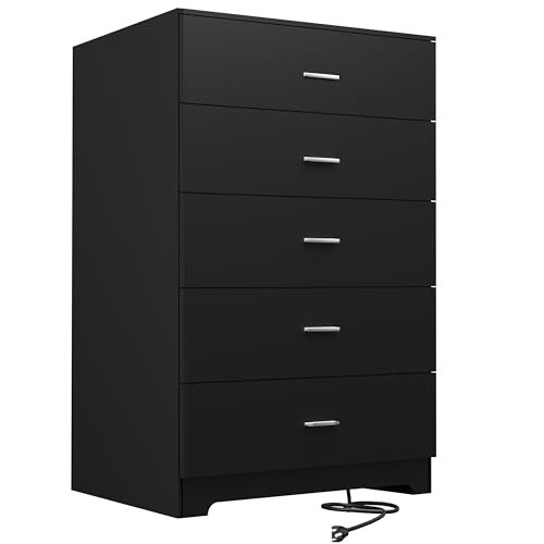 Dresser for Bedroom with Power Outlets Wood 5 Drawer Dresser with Large Storage Space Black Chest of Drawers with Smooth Metal Rail Tall Storage Organizer for Bedroom Living Room Closet