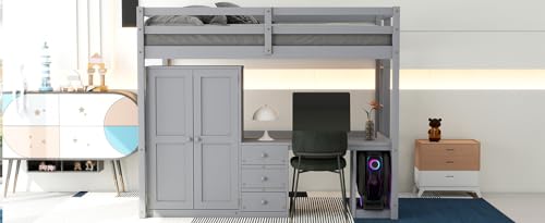 Wooden Full Size Loft Bed with Wardrobe, Desk and Storage Drawers,for Kids Teens Adults Bedroom Use (White@Drawers, Full)