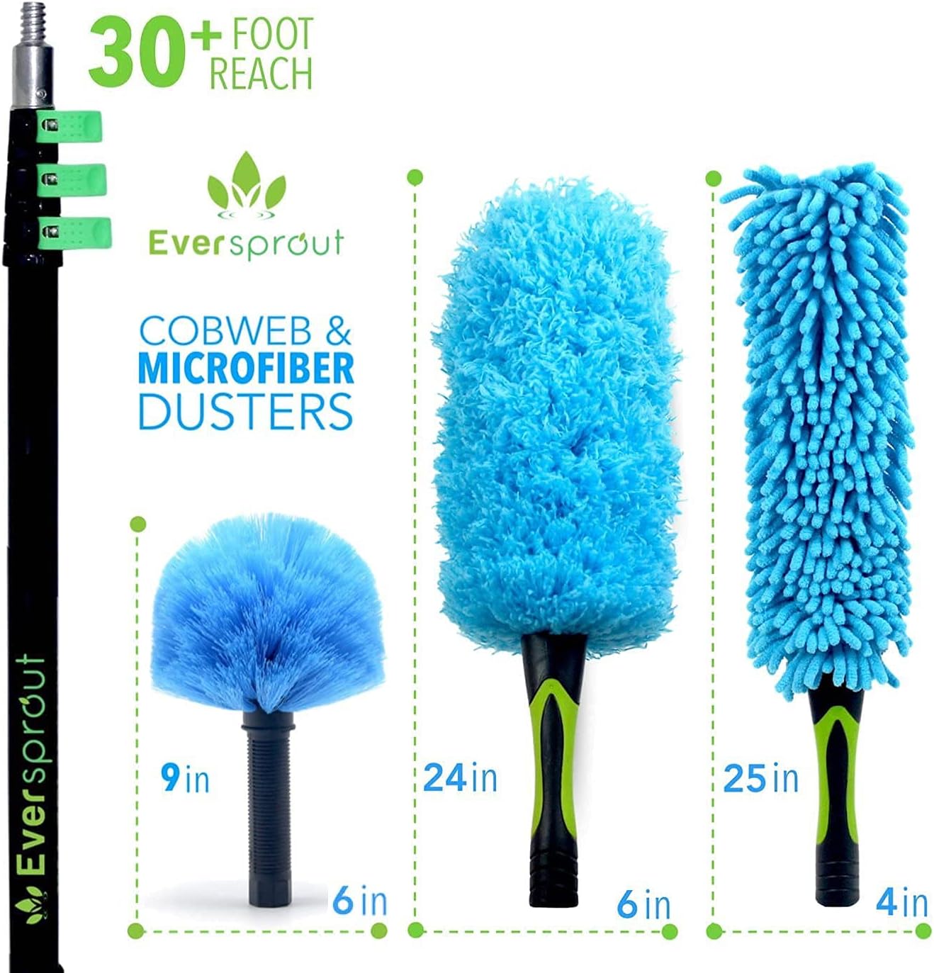 EVERSPROUT 7-to-20 Foot Extension Pole Total Kit (25+ Ft Reach) | Telescopic Pole, Scrub Brush, Light Bulb Changer, Hook, Swivel Squeegee, 3x Microfiber Dusters (Cobweb, Flexible Ceiling Fan, Feather)
