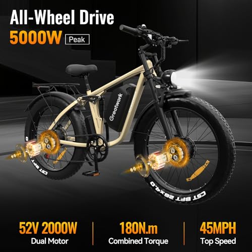 Dual Motor Electric Bike for Adults, 52V 4000/5000W Peak Motor, 40/45MPH, 1300Wh Battery, Up to 100 Miles Range, 26" x 4.0 Fat Tire Ebike with 7-Speed, Suspension, Turn Signals and Dual Disc Brakes