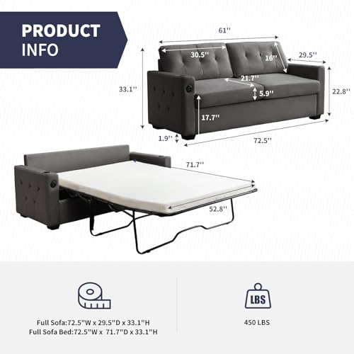 2-in-1 Pull Out Sofa Bed, Convertible Loveseat Sleeper Couch, Pull Out Couch w/Memory Foam Mattress & Metal Bed Frame, Sleeper Sofa Bed w/Cup Holders & USB for Living Room-Queen,Beige