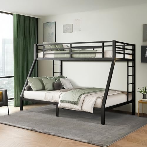Twin XL Over Twin XL Bunk Bed, Metal Bunk Bed Frame Heavy Duty Bunk Beds Loft Bed Frame with Ladder and Guardrail Metal Slats No Box Spring Required for Adults Teens, Black