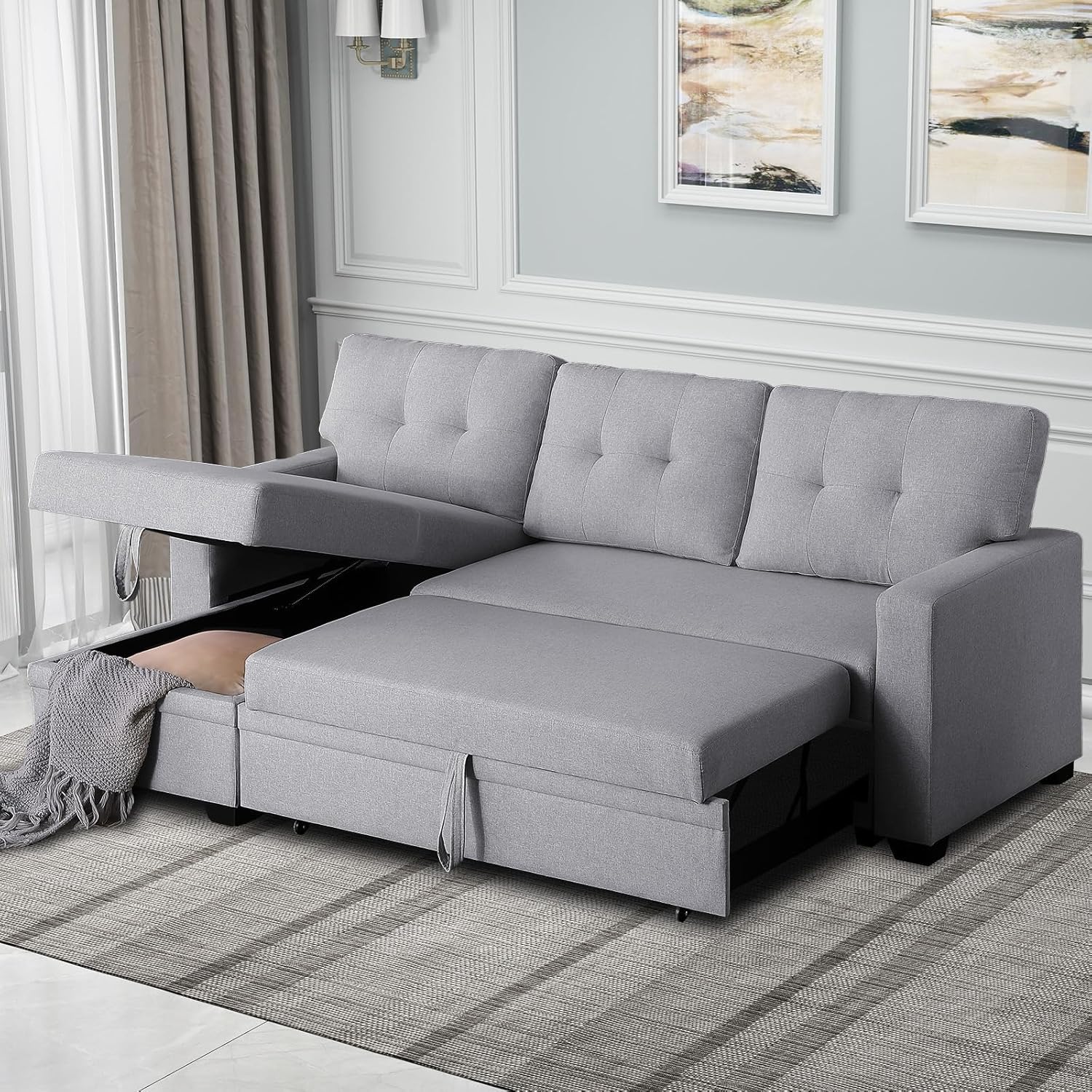 4-in-1 Convertible L Shaped Couch with Pull Out Bed and Storage Sectional Sleeper Sofa with Reversible Chaise for Living Room, Apartment, Bedroom, Office, Light Gray