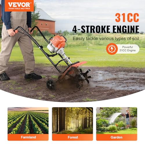 VEVOR Tiller Cultivator Gas Powered, 43CC 2-Stroke Garden Cultivator, Tiller with 4 Steel Adjustable Front Tines for Lawn, Garden and Field Soil Cultivation