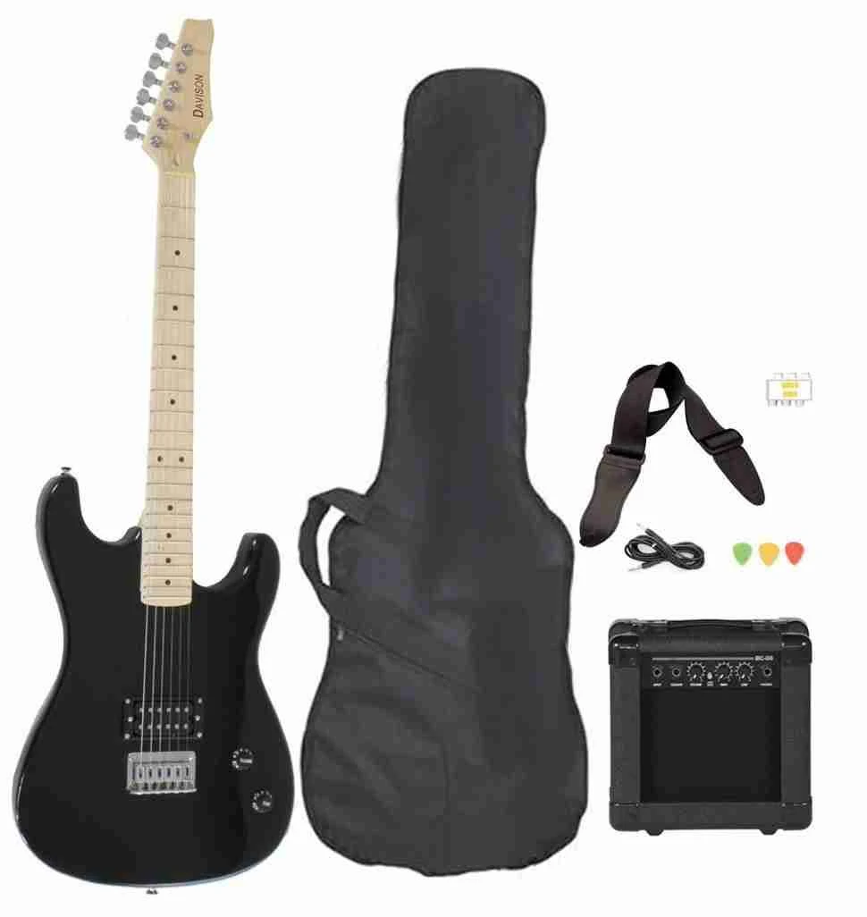 Davison Guitars Full Size Black Electric Guitar with Amp, Case and Accessories Pack Beginner Starter Package