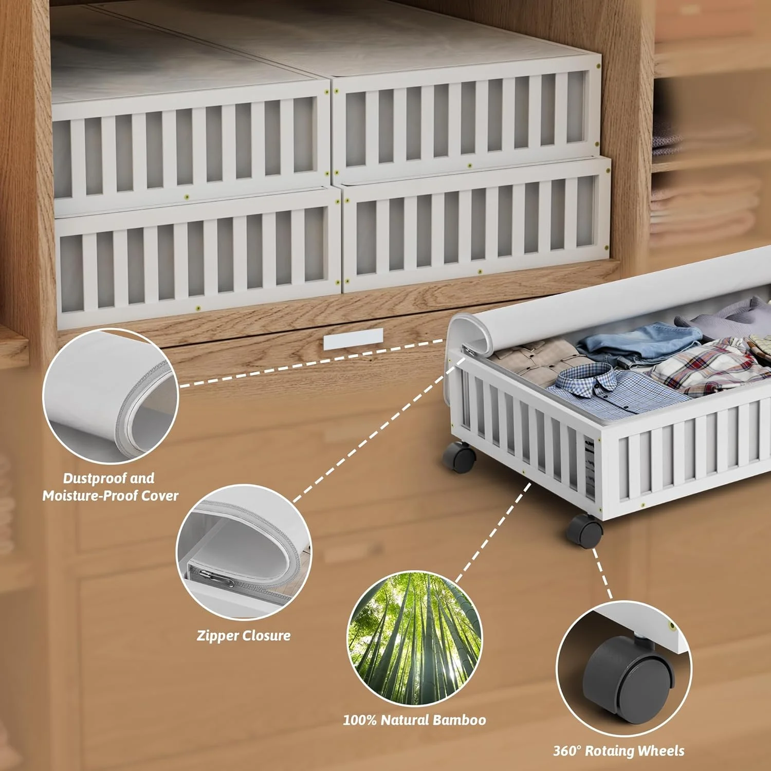 Under Bed Storage Containers with Wheels, 2 Pack Under the Bed Shoe Storage Bins, Large Wood Rolling Underbed Drawers Organizer for Bedroom Sheet Clothes Comforter, Under Crib Toy Storage White