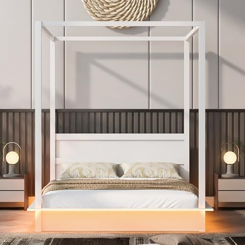Bellemave Canopy Bed Frame Wood Four Posters Twin/Full/Queen/King LED Platform Bed with Built-in Headboard Strong Wooden Slat Support, No Box Spring Needed,White (Full)