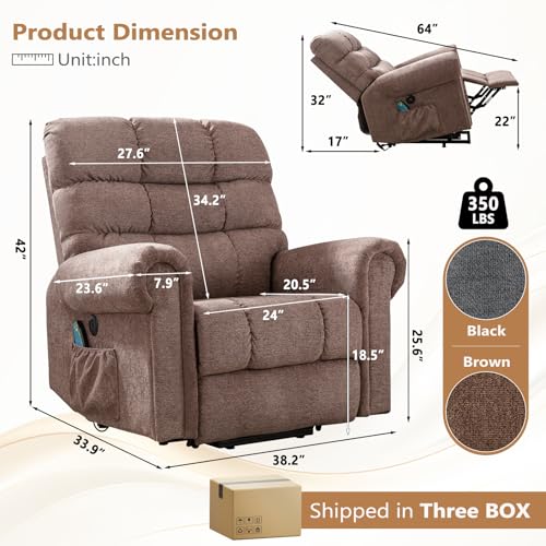 ANJ Large Power Lift Recliner Chair with Massage and Heat for Elderly Big People, Electric Wide Recliners, Heavy Duty and Safety Motion Fabric Reclining Mechanism with USB Ports, Side Pocket, Camel