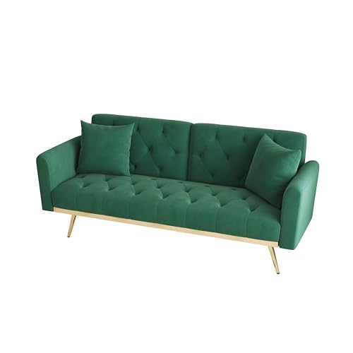 Velvet Convertible Sofabed, Futon Sofa Bed,68.3" Small Sofa Bed Couch with Adjustable Backrest,Modern Loveseat for Living Room, Bedroom, Office, Green