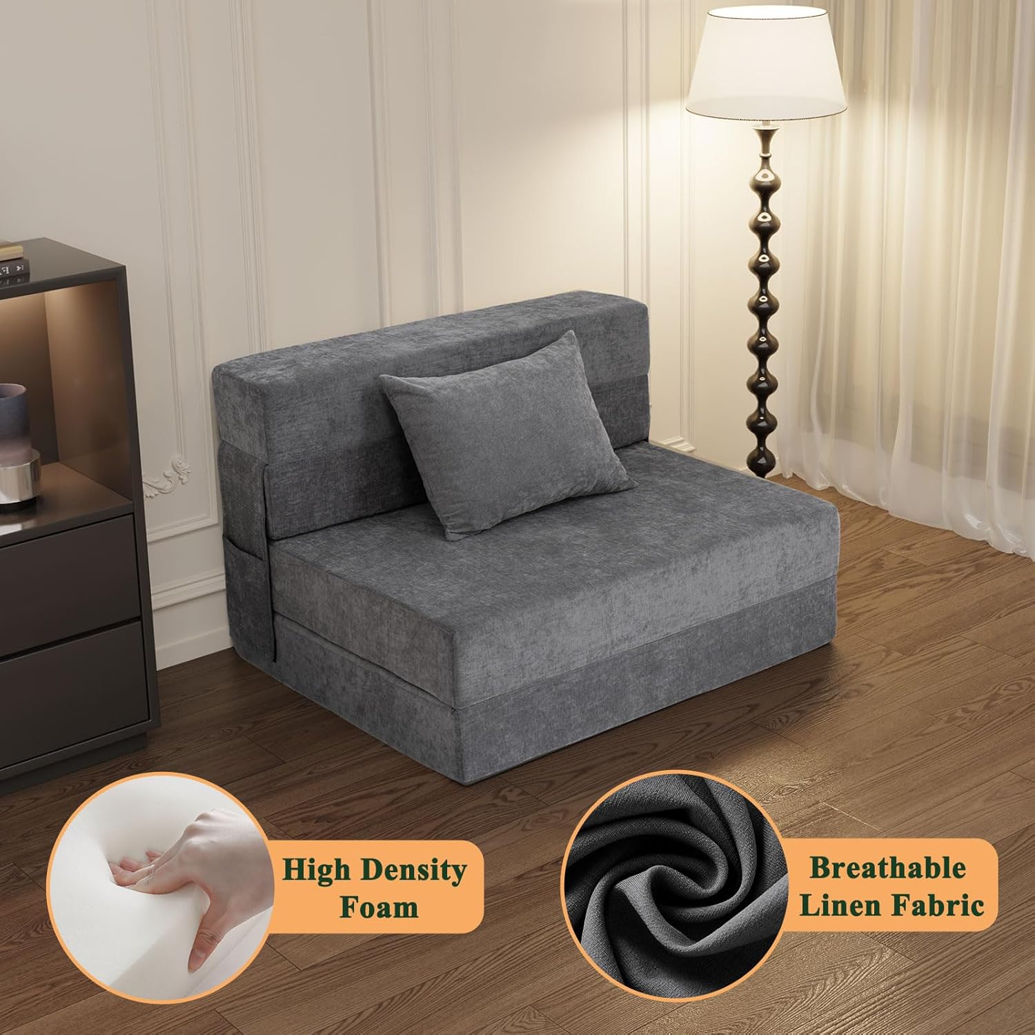 HOMFINE Folding Sofa Bed - Convertible Sleeper Chair with Pillow, Fold Out Couch, Memory Foam Floor Mattress, Futon Couch, Lazy Sofa for Living Room/Dorm/Guest Room/Home Office, Twin, Gray