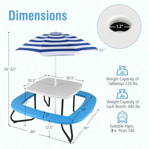 KOTEK 8-Person Kids Picnic Table, Toddler Activity Table with Removable Umbrella, 4 Built-in Benches, HDPE Top & Metal Frame, Kids Outdoor Table for Patio Garden Backyard (Blue+Red)