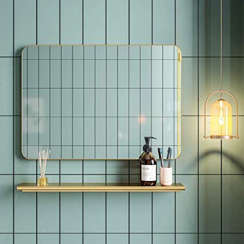 Mirror Bathroom Wall-Mounted Makeup Mirror Dressing Table Rectangle Hanging Wall Gold Metal ed Decorative with Modern Stylish Shelf Vanity/Bedroom 70 X 50Cm