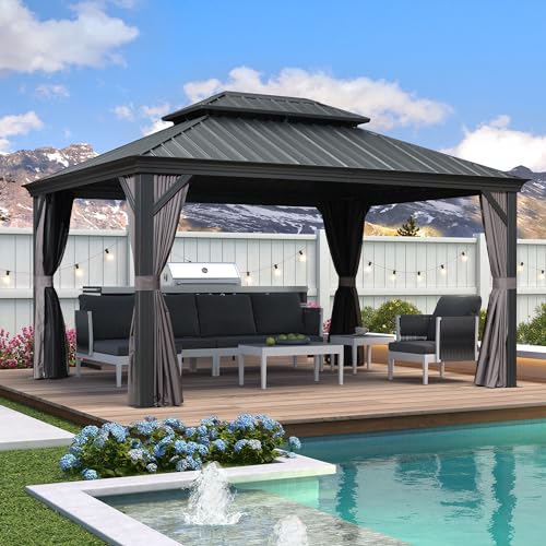 PURPLE LEAF 10' X 14' Permanent Hardtop Gazebo Aluminum Gazebo with Galvanized Steel Double Roof for Patio Lawn and Garden, Curtains and Netting Included, Grey