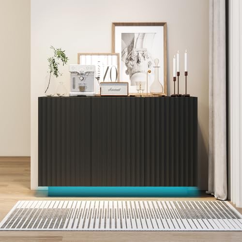 Fluted Black Storage Cabinet, Sideboard Buffet Cabinet with 4 Doors, 64" Modern Accent Cabinet with 2 Adjustable Shelf, Multifunctional TV Stand for Living Room