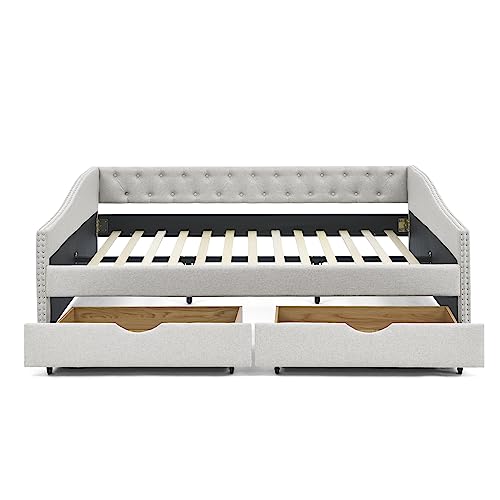 Upholstered Daybed with Drawers, Modern Fabric Queen Size Button Tufted Daybed Frame Sofa Bed, No Box Spring Needed, Space Saving, Beige