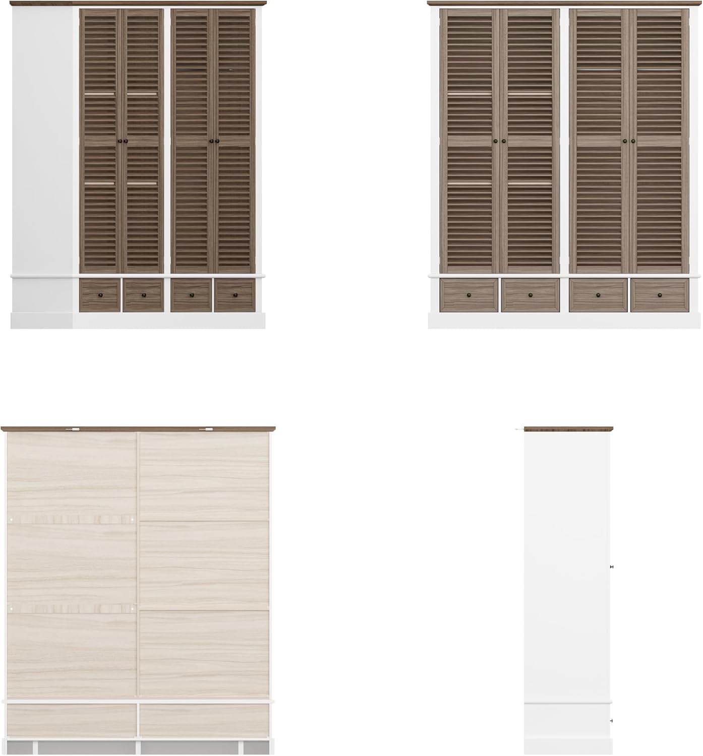 ECACAD 4 Doors Wardrobe Armoire with Louver Doors, Storage Shelves, 4 Drawers & Hanging Rod, Wooden Closet Storage Cabinet for Bedroom, Brown & White (63”W x 19.7”D x 74.8”H)