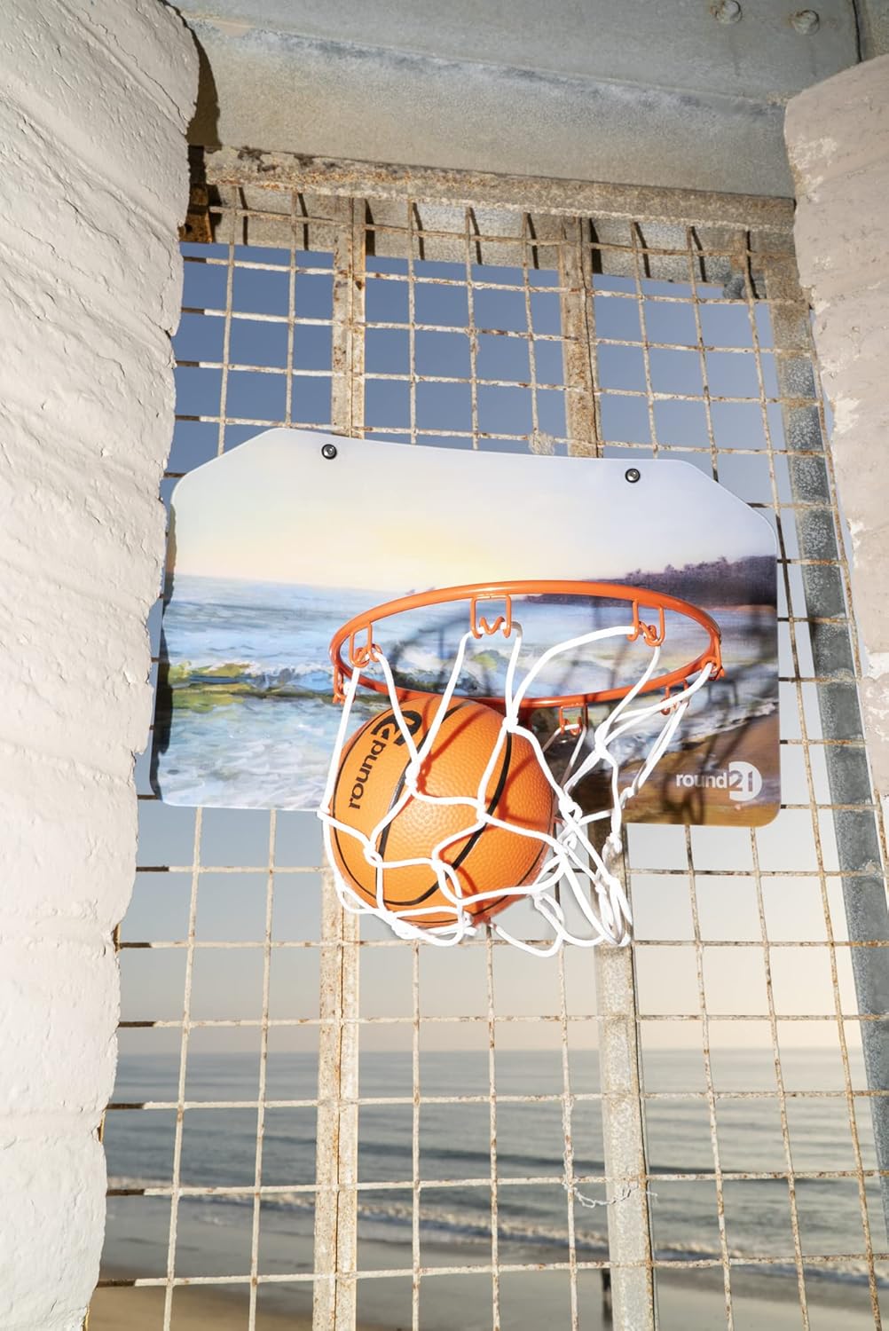 round21 - Ocean View - Over The Door Mini Basketball Hoop with 18" x 11" Polycarbonate Backboard, Flexible Rim and Net, Includes 5" Rubber Ball
