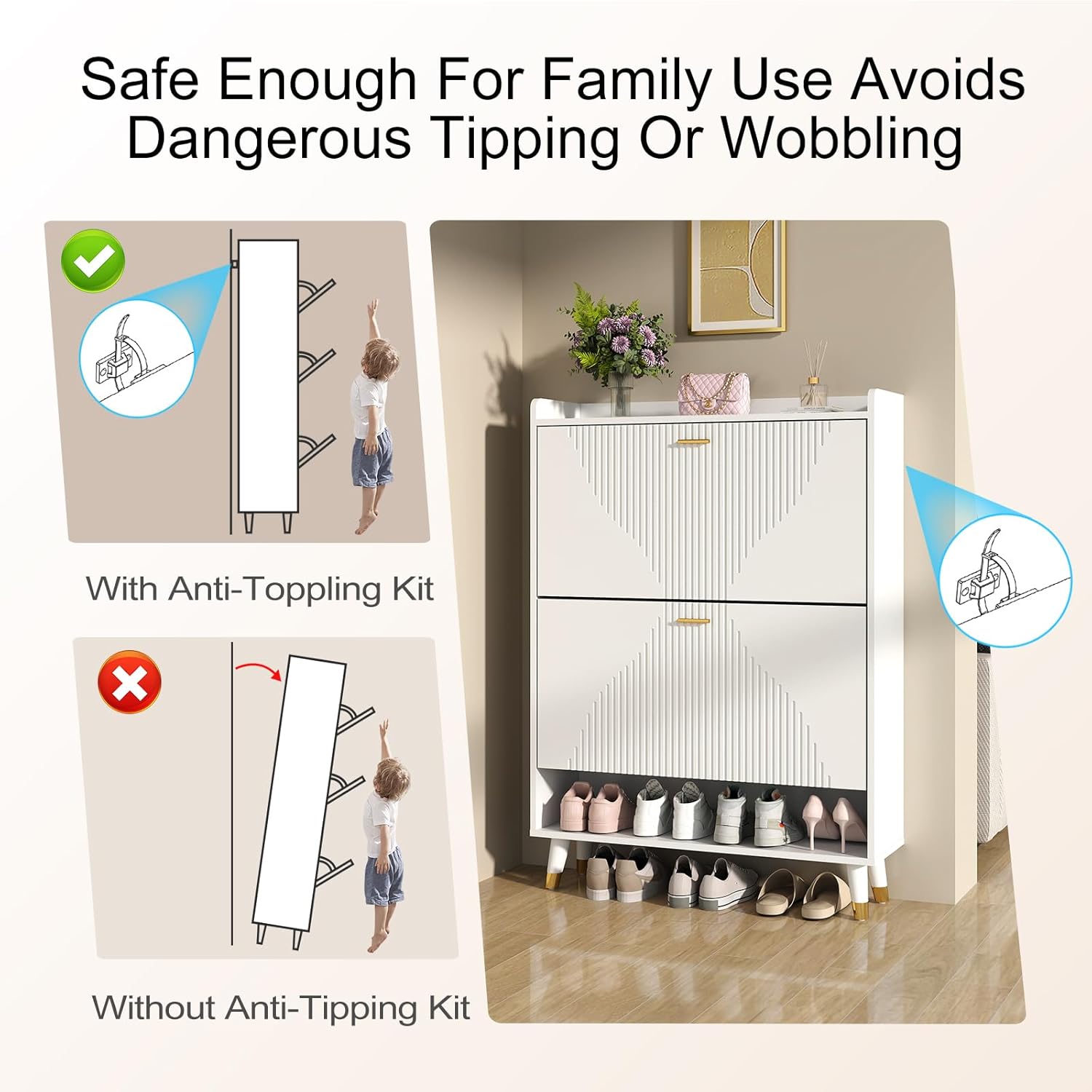 White Shoe Storage Cabinet for Entryway Slim, Hidden Wooden Shoe Organizer Cabinet with Drawer, Narrow Shoe Rack Cabinet for Front Door Entrance