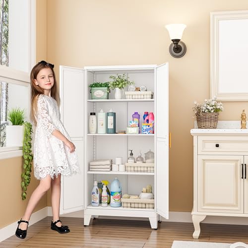 75.2" Tall Metal Pantry Cabinet, Storage Cabinets with 4 Door and 4 Adjustable Shelves, Black Kitchen Pantry Storage Cabinet, Freestanding Cupboard for Kitchen Dining Room Living Room Bathroom