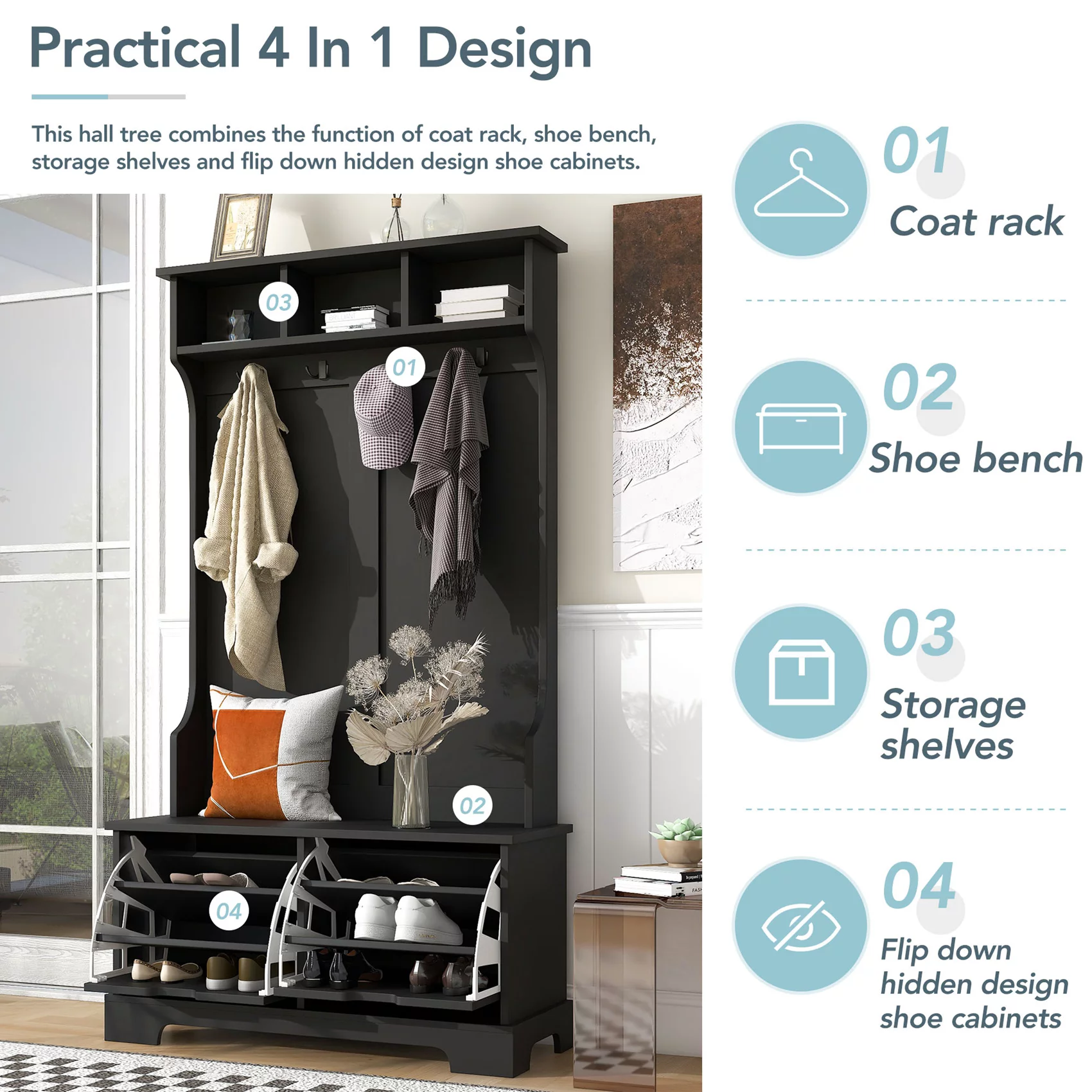 Hall Tree with Bench and 2 Flip Shoe Storage Drawers, Entryway Bench with Coat Rack and 3 Top Shelves, Mudroom Bench with Storage and 4 Metal Double Hooks for Entry way, Hallway (Black)