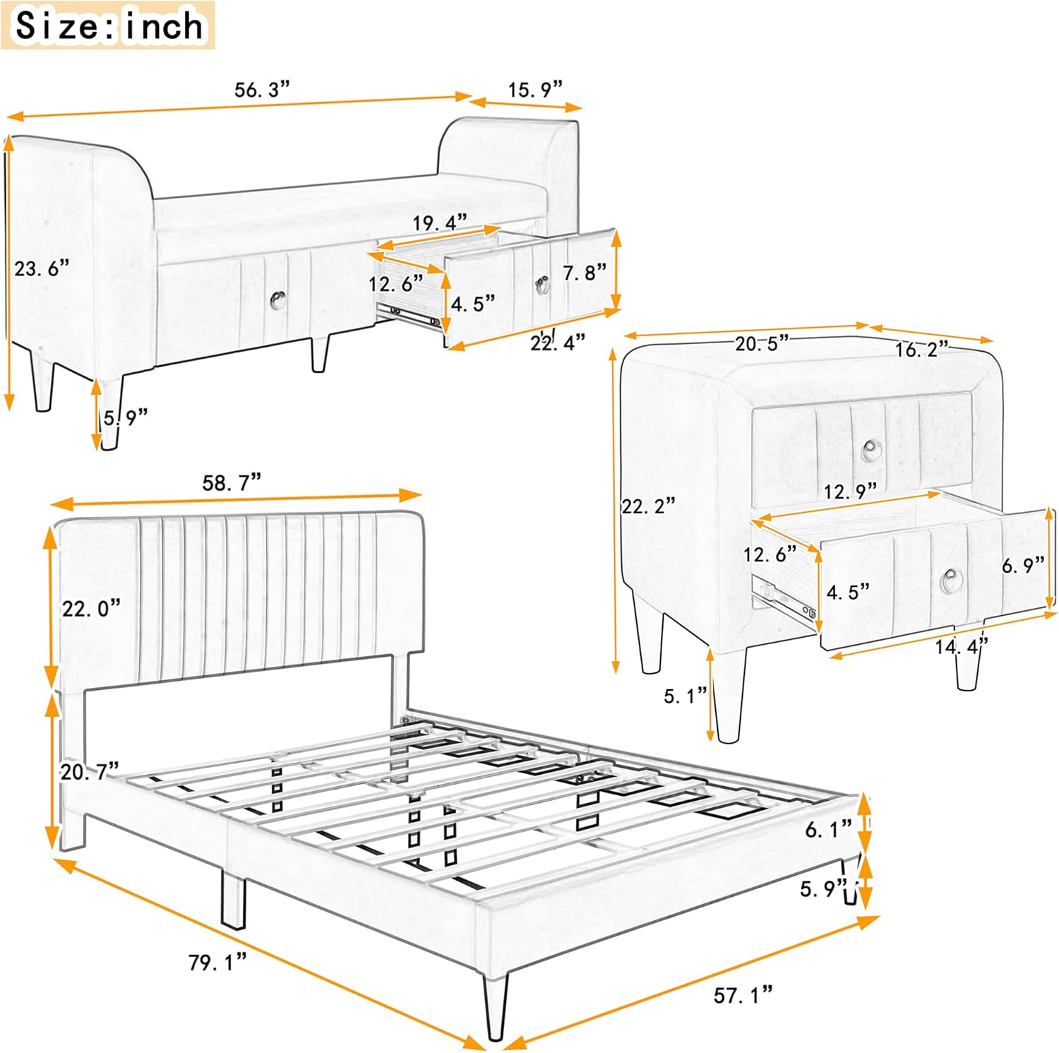 Merax Luxury Upholstered Velvet Bed Set- Full Bed, Bed Storge Bench and 2 Nightstands/Platform Bed Frame with Headboard/Easy Assembly, Green
