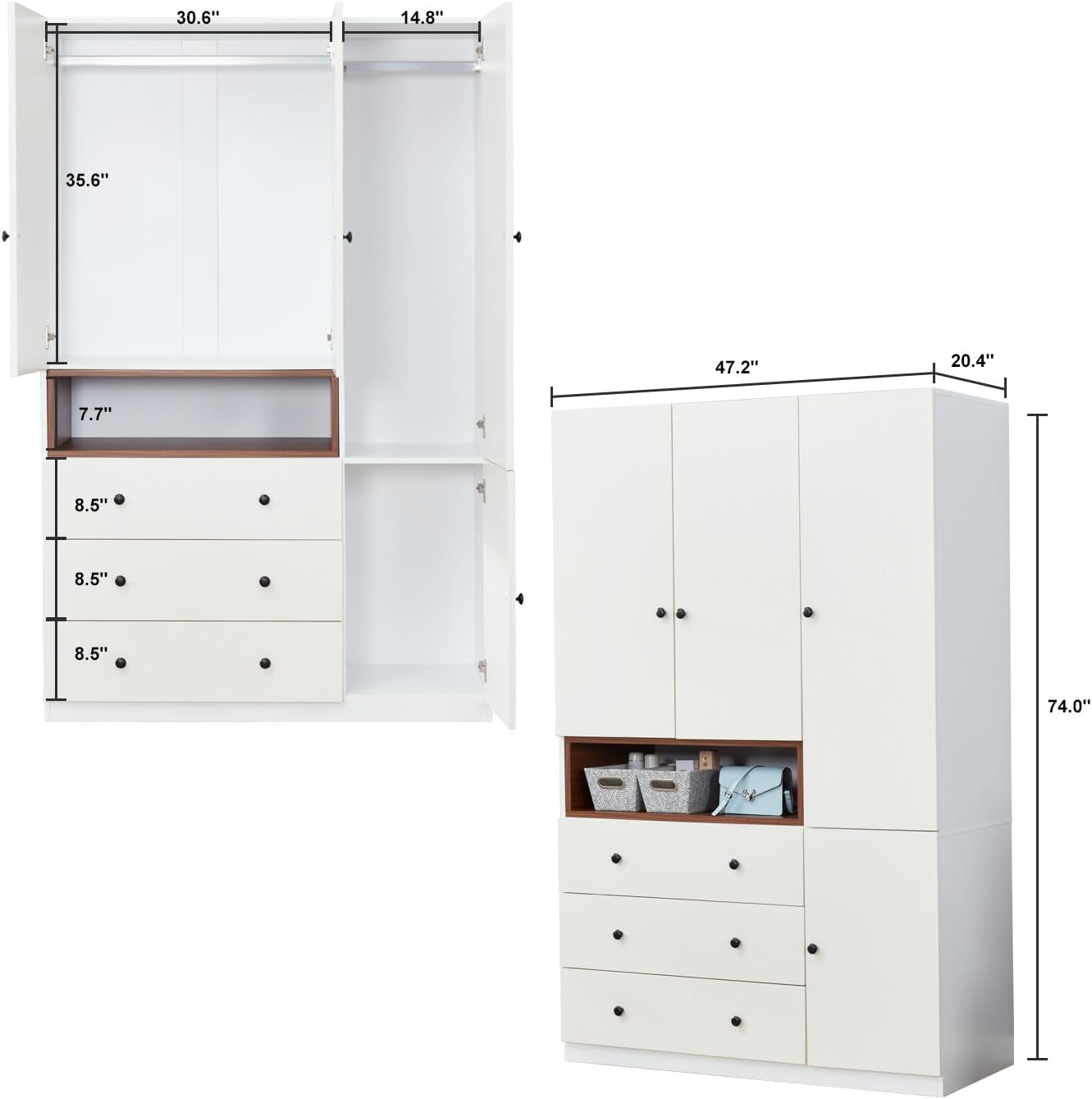Wooden White 3-Door Armoire Wardrobe Closet with Hanging Rod Bedroom Armoires Wardrobe Closet Large Capacity Wardrobe Cabinet 47.3" W x 20.3" D x 74.2" H