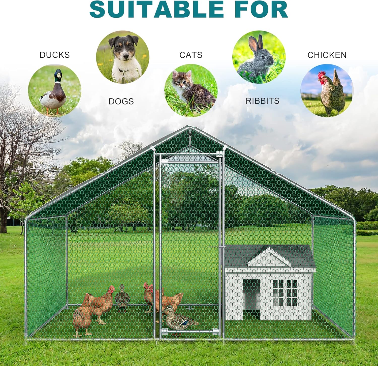 Oarlike Metal Chicken Coop for 20 Chickens Large Chicken Runs for Yard with Cover Galvanized Steel Chicken Pen Outdoor for Hen Duck Rabbits Goose Puppy Heavy Duty Walk-in Poultry Cage for Outside
