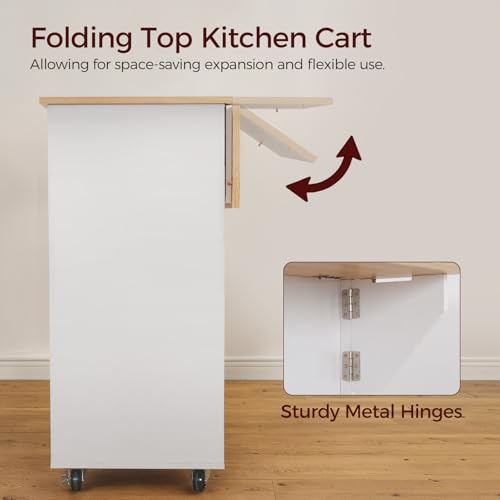 Kitchen Island on Wheels with Drop Leaf, Folding Countertop Kitchen Island Cart, Kitchen Island Table with Towel Rack, Drawer, for Kitchen, Dining Room, White and Natural KINW12501