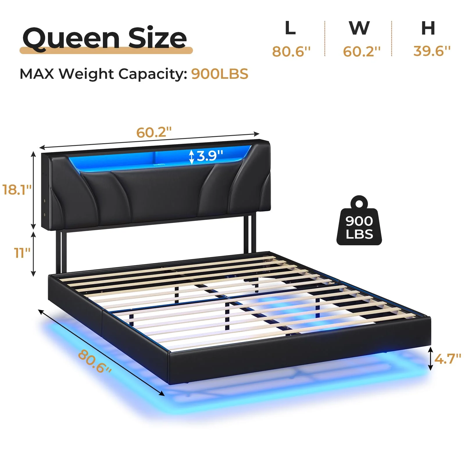 Queen Size Floating Bed Frame with Outlets, LED Upholstered Platform Bed with Storage Headboard, No Box Spring Needed, Black