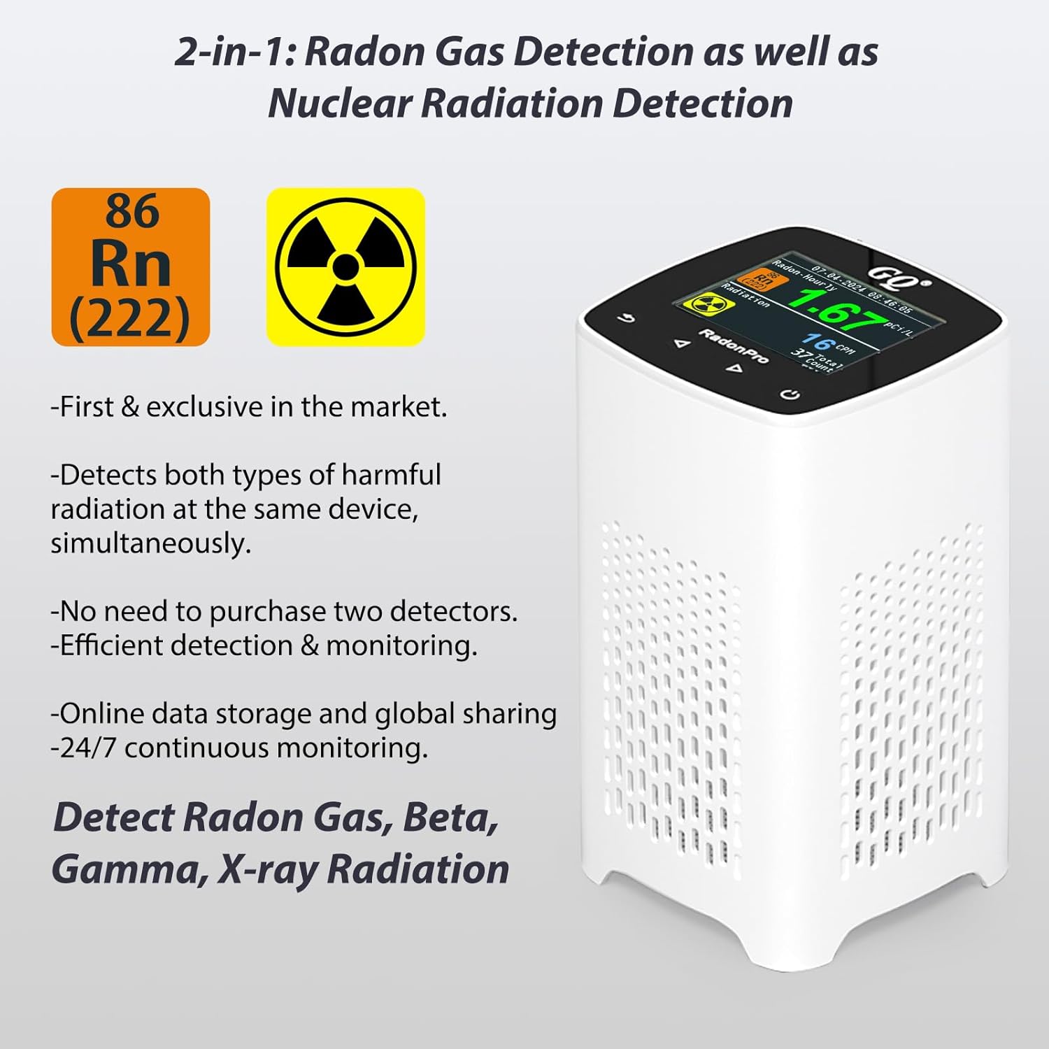 GQ Radon Detector Radon Pro 2-in-1 Radon Monitor Nuclear Radiation Detector Geiger Counter simultaneously detection fast accurate color simple display USA design