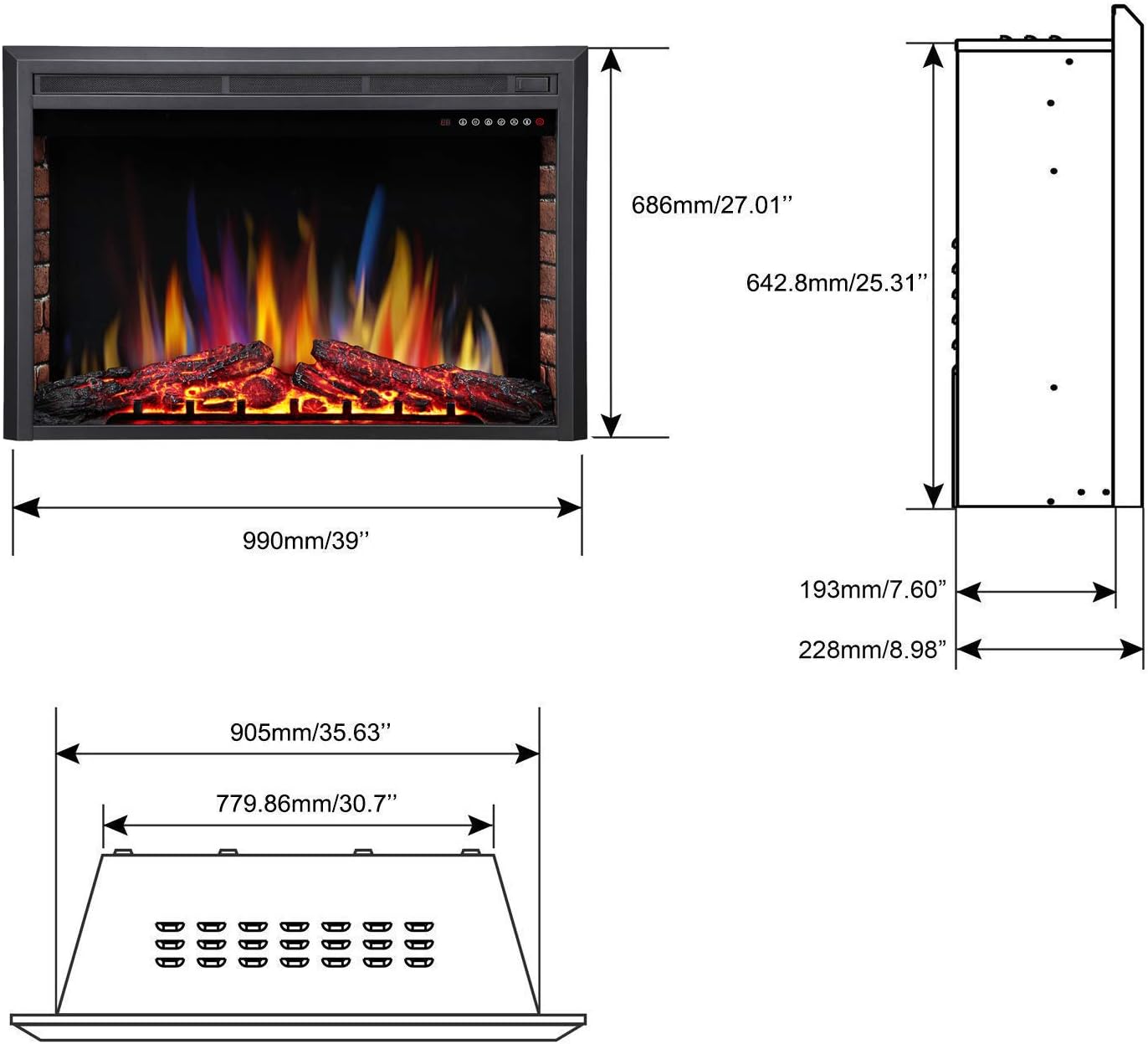 R.W.FLAME 36" Electric Fireplace Insert ,Recessed Electric Stove Heater,Touch Screen,Remote Control,750W-1500W with Timer & Colorful Flame Option