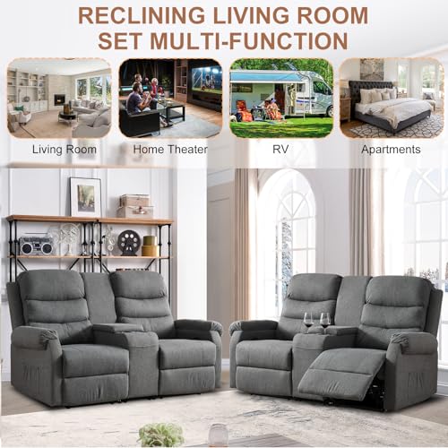 Reclining Loveseat, Manual Loveseat Recliner Sofa, RV Theater Seating with Storage Console, Double Wall Hugger Recliners 2 Seater with Cup Holders for Living Room (Grey)
