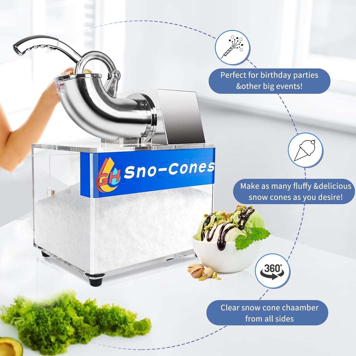 Snow Cone Machine,Commercial Shaved Ice Machine 500lbs/H Stainless Steel Ice Shaver with Dual Blades,110V Electric SnowCone Maker with Safety On/Off Switch for Home, Party, Restaurant, Bar