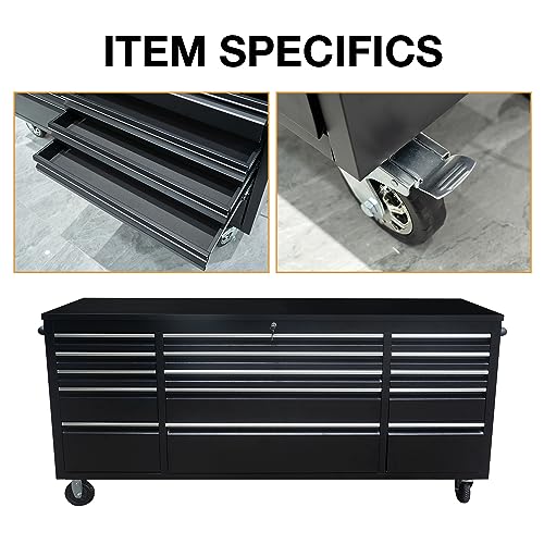SINDA 72 Inch 15-Drawers Rolling Tool Chest with Drawers Tool Box with Wheels Mobile Tool Storage Cabinet with Wooden Top, Lockable, Storage Drawers, Satinless Steel