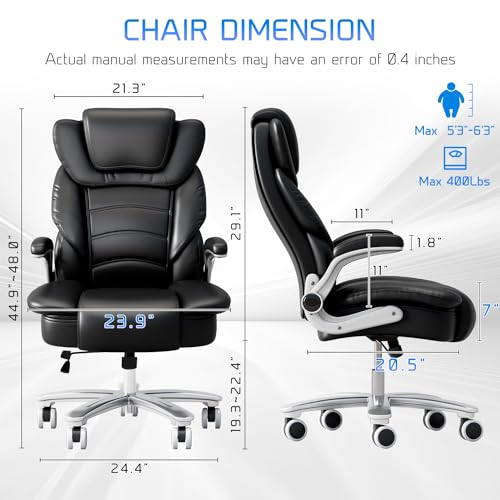 Big and Tall Office Chair 400lb Wide Seat, High Back Leather Executive Office Chair with Flip-up Arms, Ergonomic Computer Desk Chairs for Home Office, Brown