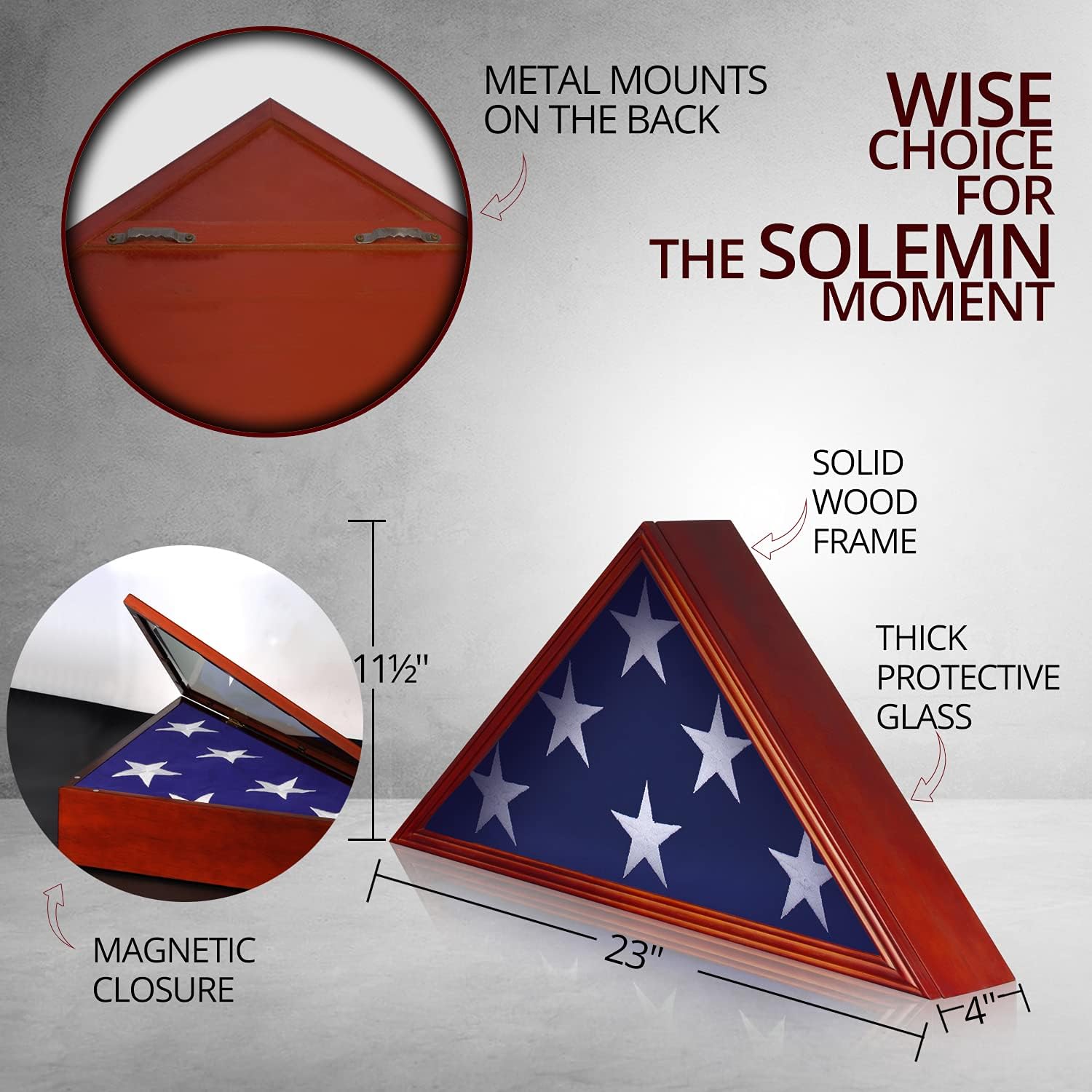 Anley Solid Wood Magnetic Closure Memorial Flag Display Case - Real Glass Front - Wall Mounted Burial Flag Frame - American Veteran USA 5' x9.5' Folded Flags Shadow Box