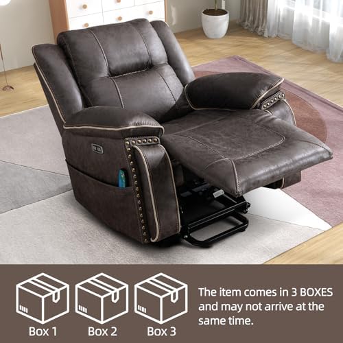Phoenix Home Dual Motor Power Lift Chair for Elderly, Lift Chairs with Massage and Heat, Leather Electric Chairs for Adults, Recliner Chair with USB, 2 Concealed Cup Holders, Brown