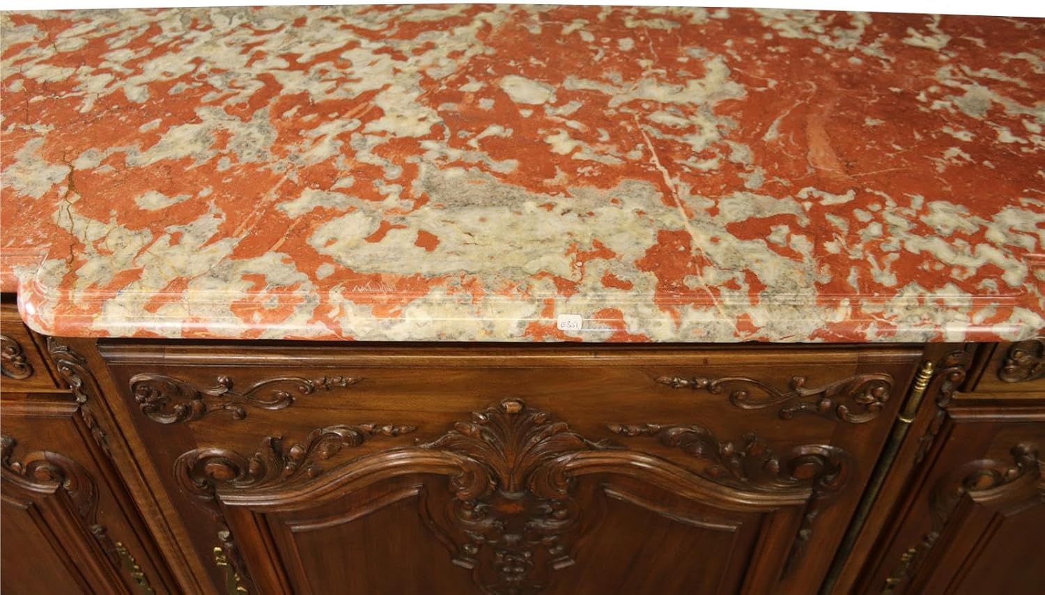 Sideboard Louis XV French Rococo 1920 Carved Walnut Shell, Red Pink Marble Top