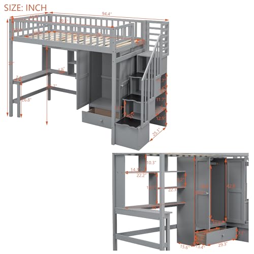 Full Size Loft Bed with Wardrobe Desk Storage Stairs, Wood Loft Bed Frame with Bookcase and Drawers, High Loft Bedframe for Kids Teens Adults, No Box Spring Needed, Espresso