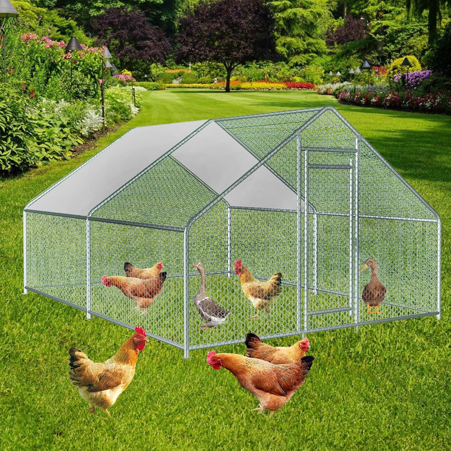13x10x6.5 FT Metal Chicken Coop Walk in Chicken Run Cage for Chickens, Rabbits House, Duck House, Chicken Runs Poultry Cage for Yard with Waterproof Cover