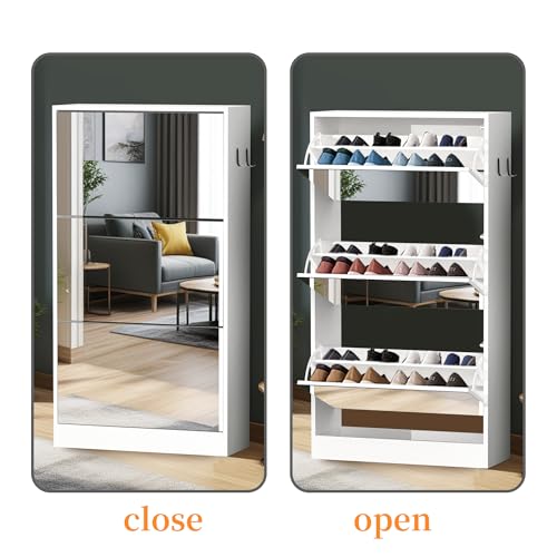 Mirror Shoe Storage Cabinet for Entryway, Narrow Shoe Cabinet Organizer with 3 Tiers, Slim Free Standing Hidden Shoe Cabinet with 3 Flip Drawers for Front Door Entrance, Closet（White）