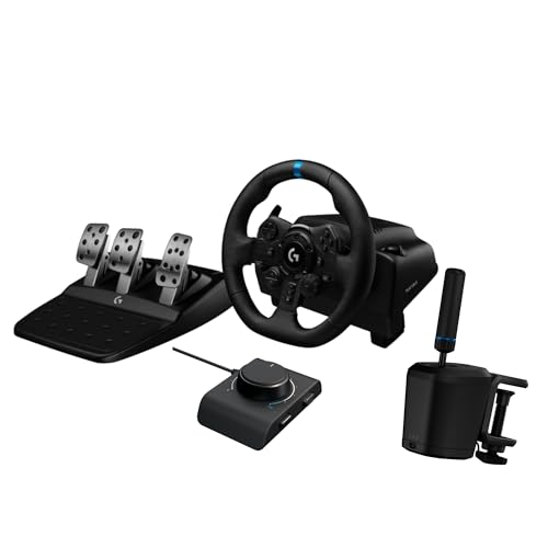 Logitech G923 Racing Wheel and Pedals, TRUEFORCE up to 1000 Hz Force Feedback, Gaming Steering Wheel PS5, PS4, PC, Mac, Genuine Leather- Black
