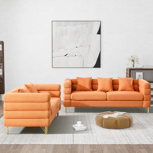Living Room Sofa and Loveseat Set, Modern Overstuffed Boucle Sherpa Deep Seat Cloud Couch with 5 Pillows, Oversized Chesterfield Furniture Sets for Living Room Bedroom, Dark Green Teddy