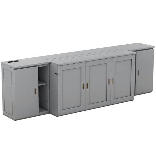 Queen Murphy Bed with Shelves, Modern Wall Bed Murphy Bed with Shelves, Cabinets, USB Ports, Wood Murphy Bed Cabinet Bed, Murphy Bed Chest Murphy Bed Frame for Guest Bedroom, Space-Saving, White