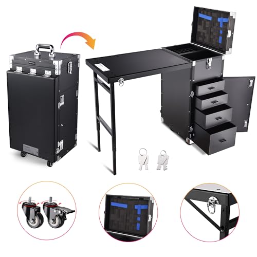 BYOOTIQUE Rolling Manicure Table Foldable Nail Table Makeup Train Case Tattoo Station Portable Nail Desk Workstation with 4 Drawers Mirror for Salon Travel, Black