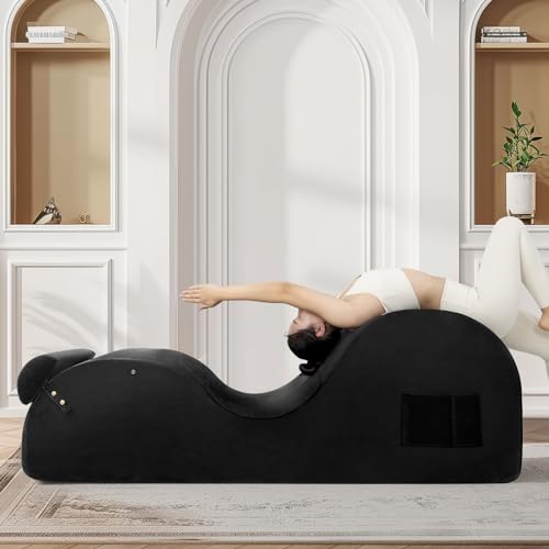 Chaise Lounge Chair for Yoga, Chaise Lounge with Headrest, Waist Pad, Foot Pad, Washable Cover Side Pockets Non-Slip Bottom, Yoga Chair for Relaxation Stretching, (Pink, X-L)