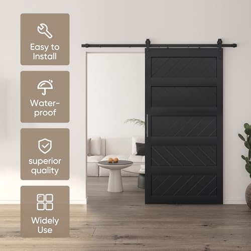 JUBEST 36" x 84" Barn Door, Slding Barn Door Kit Wave Shape Barn Door Panel with Hardware Kit Include, Easy Installation, Solid Wood, MDF & PVC Covered, Black