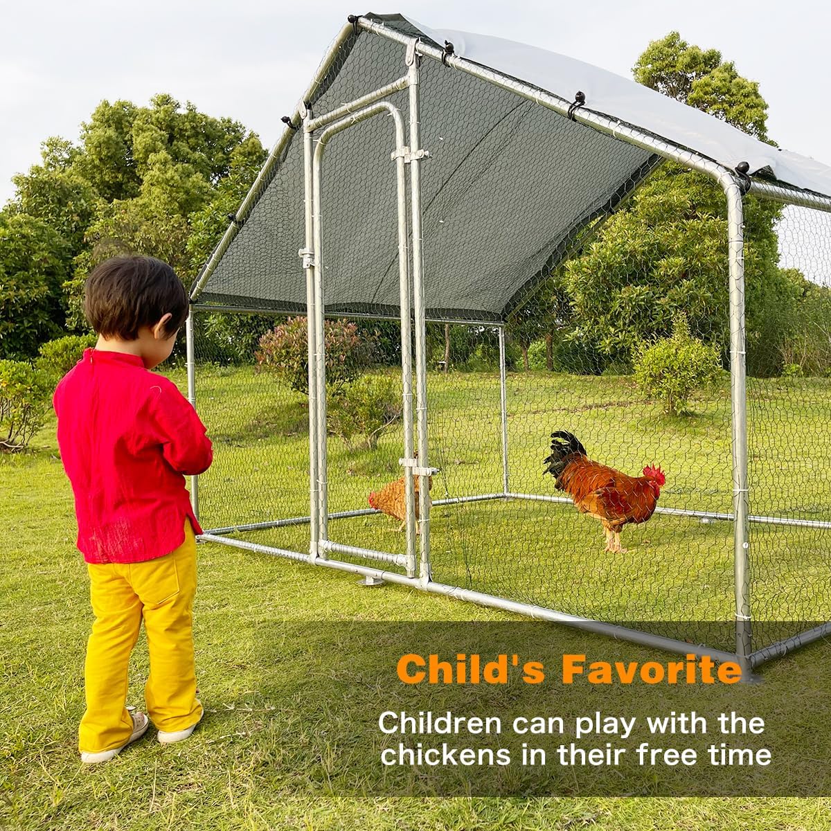 Large Metal Chicken Coop Walk-in Poultry Cage Chicken Run Duck House Chicken Pen Spire Shaped Coop with Waterproof and Anti-Ultraviolet Cover for Outdoor Backyard Farm Use(9.8' L x 6.6' W x 6.4' H)
