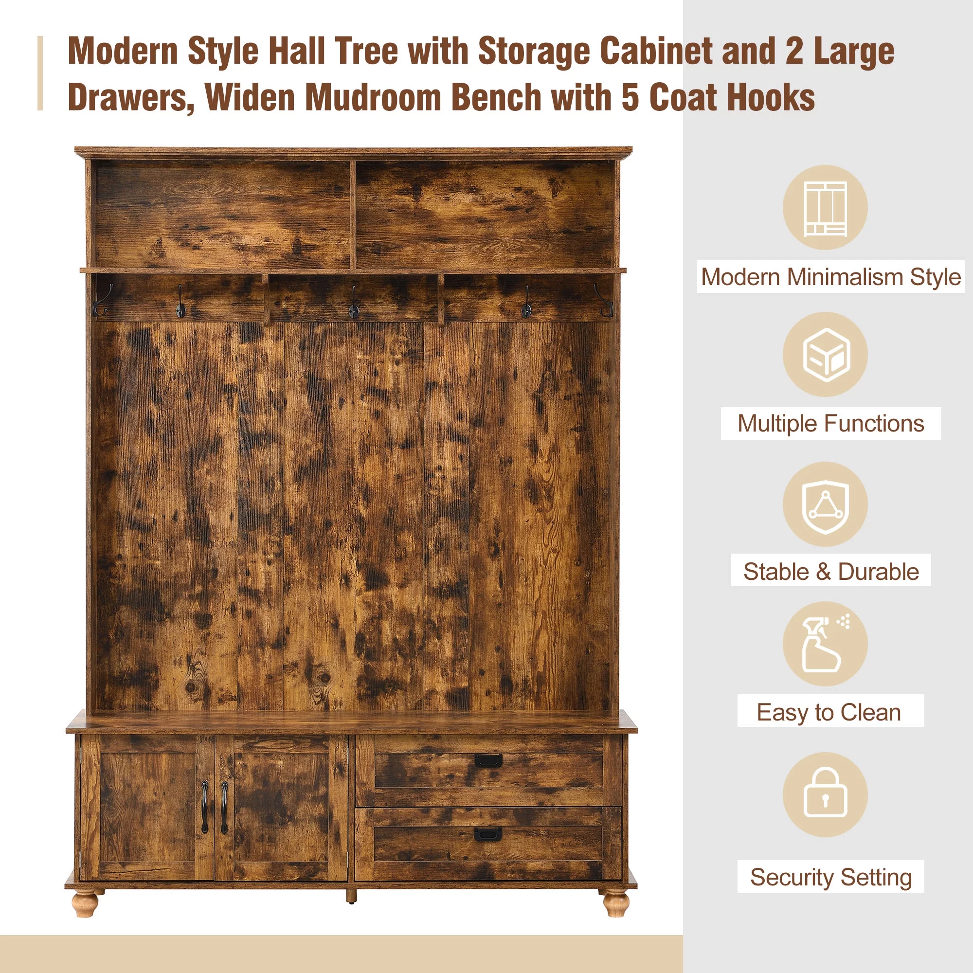 Modern Style Hall Tree with Storage Cabinet and 2 Large Drawers, Widen Mudroom Bench with 5 Coat Hooks, Rustic Brown
