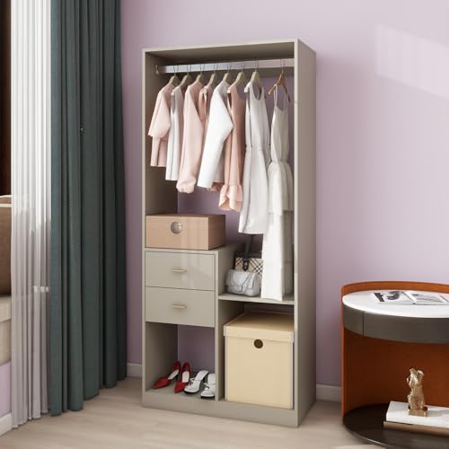 Wooden Closet System Wardrobe: Walk-in Closet Systems Wall Mount Closet with 4 Drawers and Shelves Clothes Storage Closet with 2 Hanging Rods 63"W x 15.7"D x 70.8"H